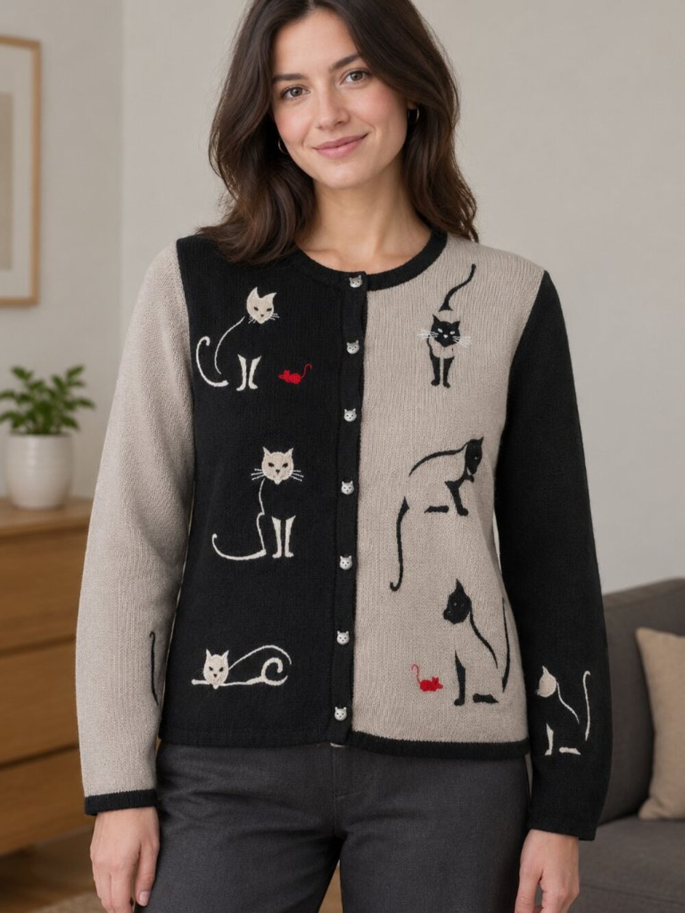 Vintage Cat Embroidered Cardigan Sweater Christopher & Banks Large
